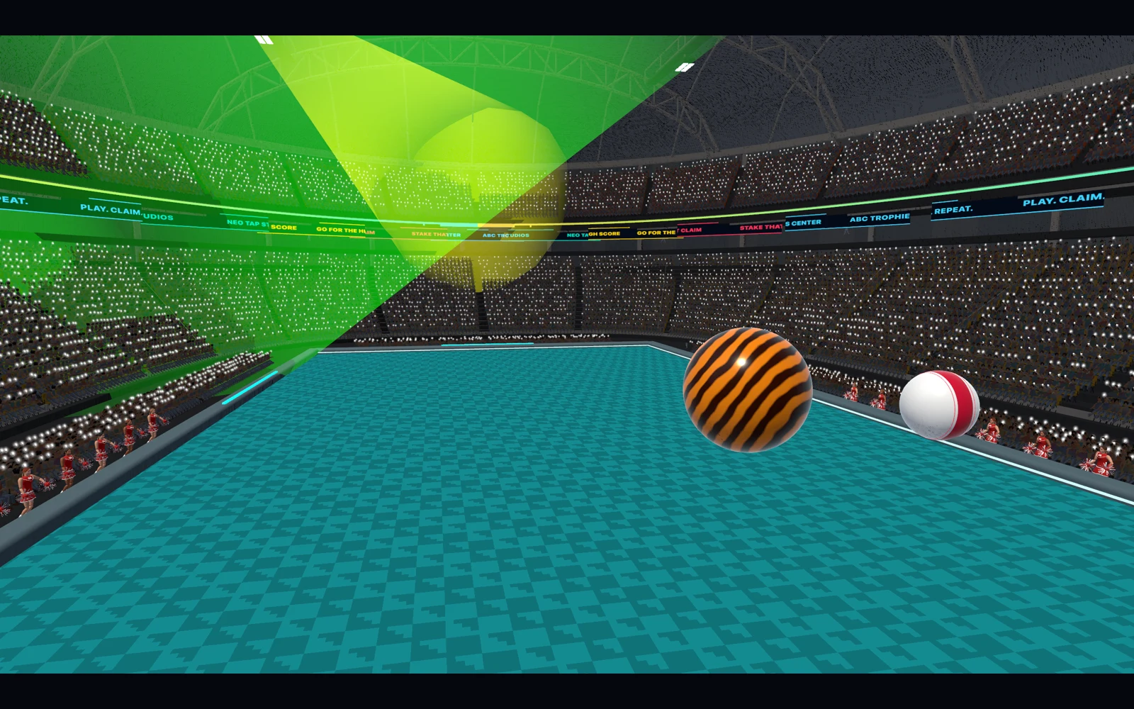 Courtside view beneath green spotlights in the packed 3D arena